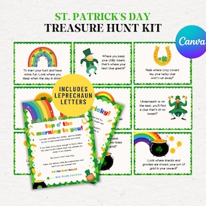 St. Patrick's Day Treasure Hunt Bundle, Editable St. Patty Leprechaun Scavenger Hunt for Kids, 18 Rhyming Clues St Paddy Games