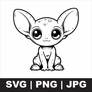 May include: Black and white cartoon illustration of a creature with large eyes and ears. The creature is sitting with its legs folded and has a small mouth. The image includes the text "SVG | PNG | JPG" at the bottom.