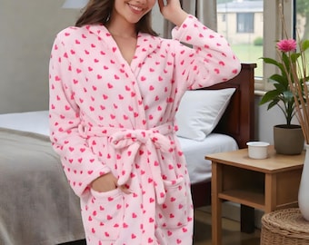 Accappatoio da donna con cuore rosa – Vestaglia in morbido pile di peluche con cappuccio