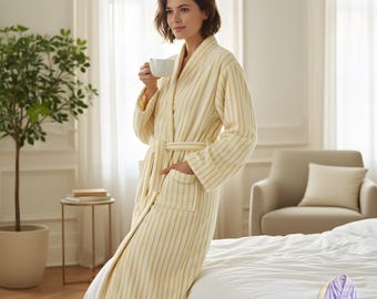 Randig plyschbadrock för kvinnor - Mjuk fleecemorgonrock