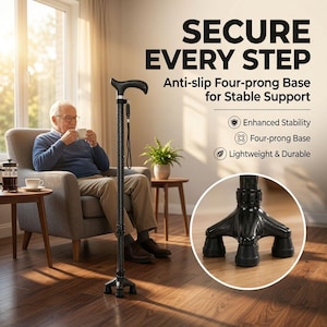 Könnte beinhalten: Ein schwarzer Gehstock mit einem Schaft im Carbonfaser-Muster, einem ergonomischen Griff und einer Vier-Punkt-Basis mit rutschfesten Gummifüßen. Der Text auf dem Bild lautet: SECURE EVERY STEP, Anti-slip Four-prong Base for Stable Support, Enhanced Stability, Four-prong Base, Lightweight & Durable.