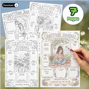 Puede incluir: Un conjunto de siete páginas de diario de gratitud imprimibles con ilustraciones de líneas en blanco y negro de escenas naturales, interiores acogedores y bordes florales. Cada página incluye indicaciones para reflexiones diarias, listas de agradecimiento y espacio para afirmaciones.