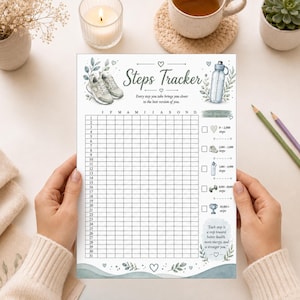 May include: A white paper steps tracker sheet featuring watercolor illustrations of sneakers, a water bottle, and leaves. The header reads Steps Tracker with the text Every step you take brings you closer to the best version of you. It includes a monthly grid.