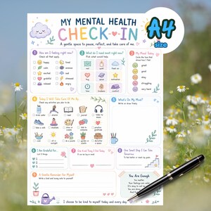 May include: A white A4 size mental health check-in worksheet featuring colorful pastel illustrations, numbered sections from one to nine, checkboxes for daily activities, mood tracking icons, and prompts for gratitude, self-care, and reflection.