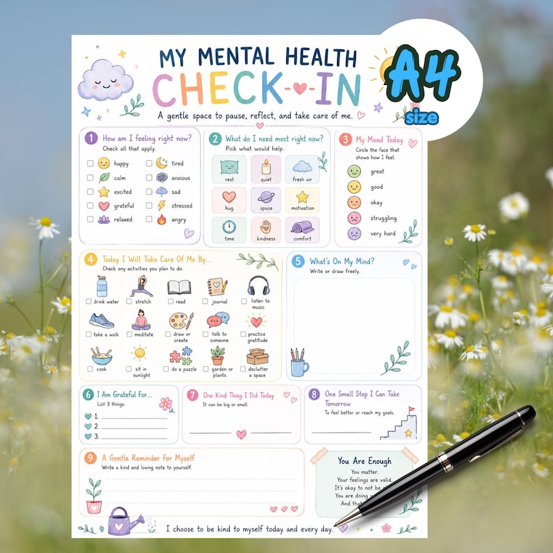 May include: A white A4 size mental health check-in worksheet featuring colorful pastel illustrations, numbered sections from one to nine, checkboxes for daily activities, mood tracking icons, and prompts for gratitude, self-care, and reflection.