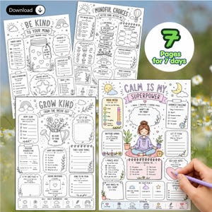 Páginas para colorear de atención plena / Hojas de meditación de 7 días / Hojas de actividades de autocuidado para la calma / Páginas para colorear de relajación (descarga digital).