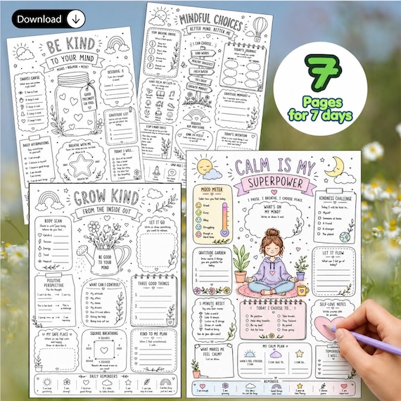 Mindfulness Coloring Pages | 7-Day Meditation Sheets |  Calm Self Care Activity Sheets | Relaxation Coloring Pages Digital Download.