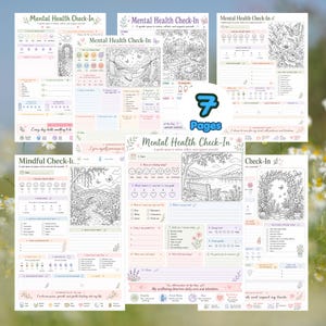 Puede incluir: Un conjunto de siete p&aacute;ginas imprimibles de control de salud mental con ilustraciones de l&iacute;neas en blanco y negro de escenas naturales, incluyendo jardines, hamacas y puentes, con secciones para el estado de &aacute;nimo y autocuidado.