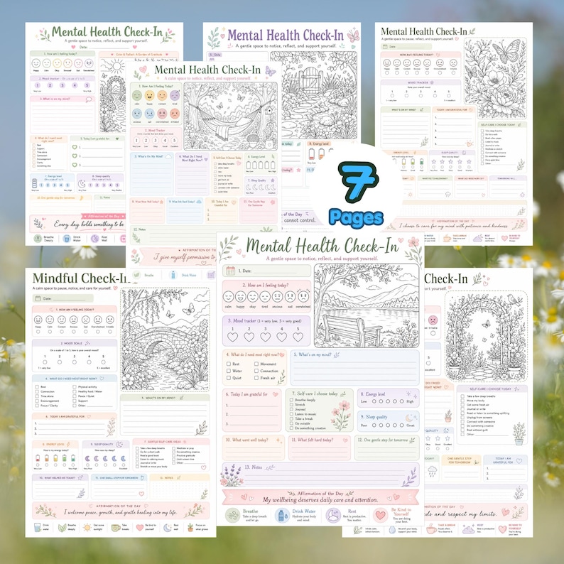 Puede incluir: Un conjunto de siete p&aacute;ginas imprimibles de control de salud mental con ilustraciones de l&iacute;neas en blanco y negro de escenas naturales, incluyendo jardines, hamacas y puentes, con secciones para el estado de &aacute;nimo y autocuidado.