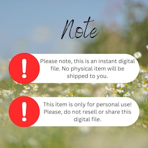 May include: A digital notice featuring the word Note in black script above two white horizontal banners with rounded ends. Each banner displays a red circle containing a white exclamation point and black text stating terms of use.