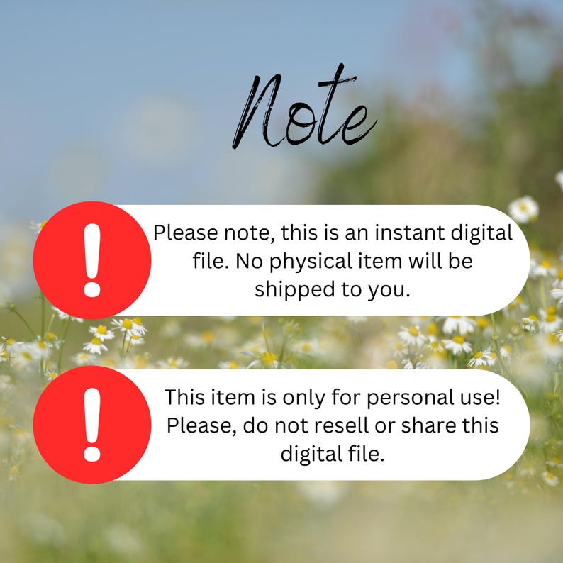 May include: A digital notice featuring the word Note in black script above two white horizontal banners with rounded ends. Each banner displays a red circle containing a white exclamation point and black text stating terms of use.