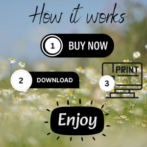 May include: A digital instruction graphic titled How it works with three steps. Step 1 is a black pill-shaped button labeled BUY NOW. Step 2 is a black button labeled DOWNLOAD. Step 3 is a printer icon labeled PRINT. The final step is labeled Enjoy.