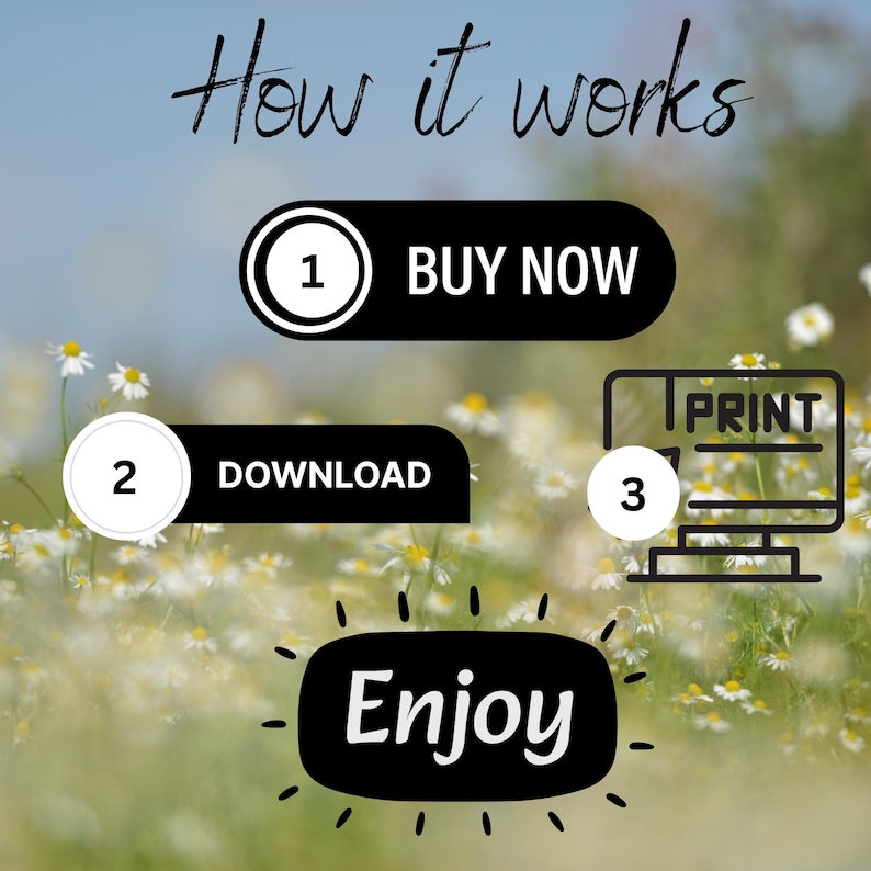 May include: A digital instruction graphic titled How it works with three steps. Step 1 is a black pill-shaped button labeled BUY NOW. Step 2 is a black button labeled DOWNLOAD. Step 3 is a printer icon labeled PRINT. The final step is labeled Enjoy.
