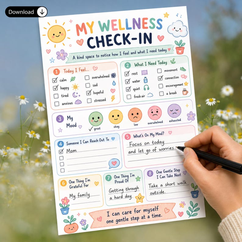 May include: A wellness check-in printable sheet featuring colorful illustrations of a sun, clouds, and flowers. The text reads My Wellness Check-In, Today I Feel, What I Need Today, My Mood, Someone I Can Reach Out To, What's On My Mind, and more.
