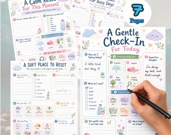 Puede incluir: Un conjunto de siete hojas de trabajo imprimibles para la salud mental con ilustraciones en tonos pastel de nubes, flores e iconos. Las páginas incluyen títulos como A Calm Reset For This Moment, A Gentle Check-In For Today y A Soft Place To Reset.