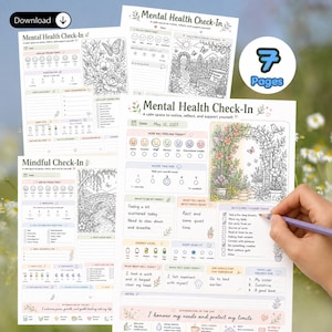 Puede incluir: Un conjunto de siete p&aacute;ginas imprimibles para el seguimiento de la salud mental que incluye rastreadores de estado de &aacute;nimo, escalas de energ&iacute;a, listas de autocuidado y secciones para colorear con ilustraciones de flores y jardines.