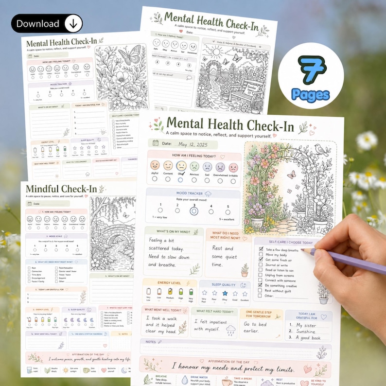 Puede incluir: Un conjunto de siete p&aacute;ginas imprimibles para el seguimiento de la salud mental que incluye rastreadores de estado de &aacute;nimo, escalas de energ&iacute;a, listas de autocuidado y secciones para colorear con ilustraciones de flores y jardines.