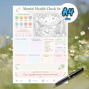 Puede incluir: Una hoja de trabajo de salud mental tama&ntilde;o A4 con una secci&oacute;n para colorear de una hamaca, un rastreador de estado de &aacute;nimo, escalas de energ&iacute;a y preguntas diarias. Incluye el texto I give myself permission to pause and recover.
