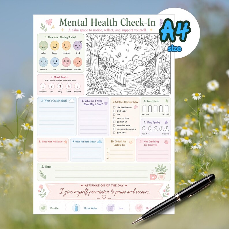Puede incluir: Una hoja de trabajo de salud mental tama&ntilde;o A4 con una secci&oacute;n para colorear de una hamaca, un rastreador de estado de &aacute;nimo, escalas de energ&iacute;a y preguntas diarias. Incluye el texto I give myself permission to pause and recover.