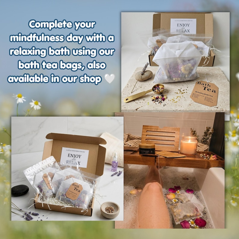 May include: A set of bath tea bags in a cardboard box labeled Enjoy and Relax, featuring dried flowers and herbs. The set includes a gold-toned metal scoop and a tag labeled Bath Tea. One image shows the tea bags steeping in a bathtub with petals.