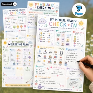 May include: A set of seven printable mental health and wellness check-in sheets featuring colorful pastel illustrations of suns, clouds, and flowers. The pages include sections for tracking moods, daily needs, gratitude, and gentle self-care reminders.