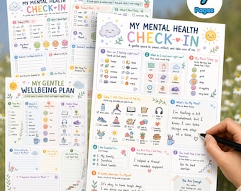 Puede incluir: Un conjunto de siete hojas imprimibles de control de salud mental y bienestar con coloridas ilustraciones en tonos pastel de soles, nubes y flores. Las páginas incluyen secciones para registrar estados de ánimo, necesidades y gratitud.