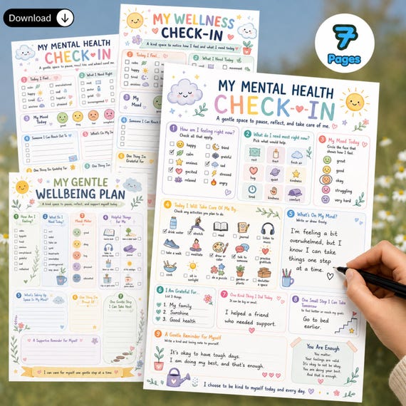Mental Health Check In Printable | Self Care Planner | Mood Tracker | Anxiety Worksheet | Coping Skills | Stress Relief PDF Adults.