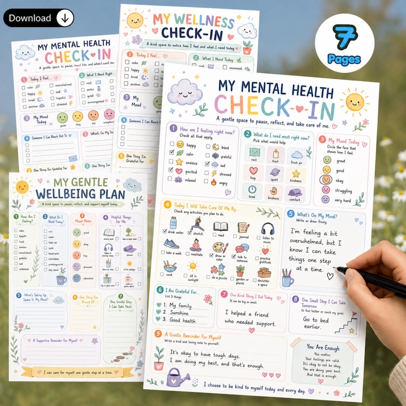 May include: A set of seven printable mental health and wellness check-in sheets featuring colorful pastel illustrations of suns, clouds, and flowers. The pages include sections for tracking moods, daily needs, gratitude, and gentle self-care reminders.