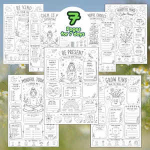 May include: A collection of seven black and white printable activity sheets featuring mindfulness exercises, gratitude prompts, and daily check-ins. Each page includes line art illustrations, text headers like Be Present and Grow Kind, and structured sections for writing thoughts, emotions, and daily intentions.