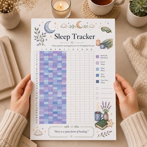 May include: A paper sleep tracker chart featuring a grid for twelve months and thirty-one days. The design includes illustrations of moons, clouds, lavender, a candle, and a mug. It displays the text Sleep Tracker and Rest is a quiet form of healing.