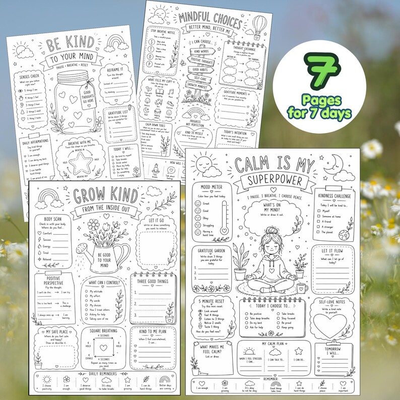 Mindfulness Coloring Pages | 7-Day Meditation Sheets | Calm Self Care Activity Sheets | Relaxation Coloring Pages Digital Download. image 5