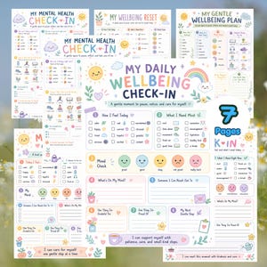 May include: A set of seven printable mental health and wellbeing check-in sheets featuring pastel illustrations of suns, rainbows, and clouds. Each page includes checkboxes for tracking moods, daily needs, gratitude, and self-care reminders.