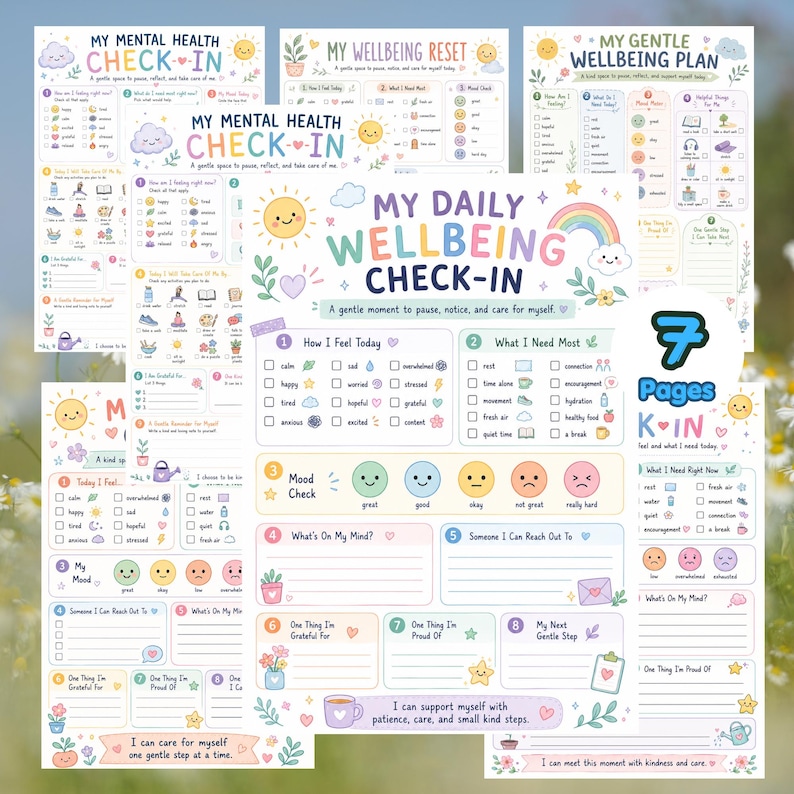May include: A set of seven printable mental health and wellbeing check-in sheets featuring pastel illustrations of suns, rainbows, and clouds. Each page includes checkboxes for tracking moods, daily needs, gratitude, and self-care reminders.