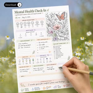 Op de afbeelding: Een printbare mental health check-in journal pagina met secties voor stemming, dankbaarheid, energieniveau en zelfzorg. Het document bevat een bloemen- en vlinderillustratie, met tekstprompts zoals "How am I feeling today?" en "Affirmation of the day."