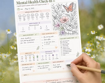 Puede incluir: Una página de diario de salud mental imprimible con secciones para el estado de ánimo, gratitud, niveles de energía y autocuidado. El documento incluye una ilustración floral y de mariposas, con textos como "How am I feeling today?" y "Affirmation of the day."