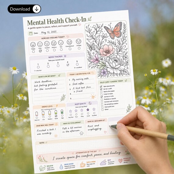 Mental Health Journal | Mood Tracker | Wellbeing Check-In | Self Care Planner | Anxiety Worksheet | Coping Skills | Stress Relief PDF Adults