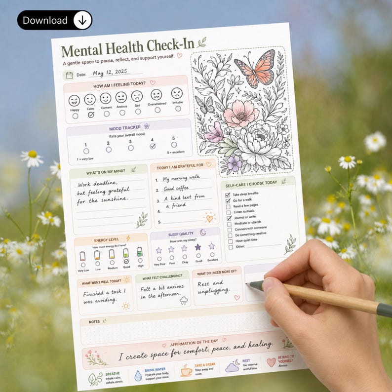 Puede incluir: Una p&aacute;gina de diario de salud mental imprimible con secciones para el estado de &aacute;nimo, gratitud, niveles de energ&iacute;a y autocuidado. El documento incluye una ilustraci&oacute;n floral y de mariposas, con textos como "How am I feeling today?" y "Affirmation of the day."