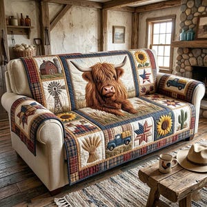 May include: A cream sofa with a patchwork quilt cover. The quilt features a Highland cow, sunflowers, a windmill, and a blue truck. The quilt has a plaid border in red, blue, and cream. The sofa is in a rustic, farmhouse-style living room.