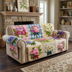 Puede incluir: Una funda de sofá de patchwork floral con ramos bordados de rosas, margaritas e hortensias. La funda tiene un diseño acolchado con una mezcla de colores pastel y un estampado de cuadros azules. El sofá tiene un marco beige.