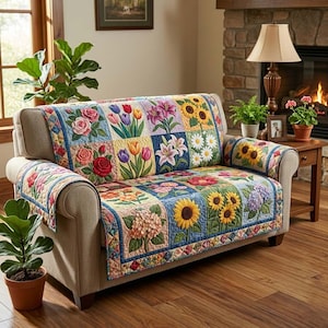 Puede incluir: Una funda de sofá floral con parches de varias flores, incluyendo rosas, tulipanes y girasoles. La funda está colocada sobre un sofá beige, con fundas de reposabrazos a juego. La paleta de colores incluye azules, amarillos y rojos.