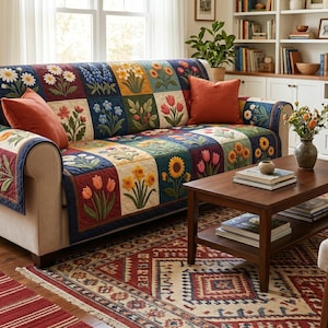 May include: A floral patchwork sofa cover with a variety of colorful flower designs, including daisies, tulips, and sunflowers. The cover is placed on a beige sofa, complemented by orange throw pillows. A wooden coffee table and patterned rug complete the cozy living room setting.