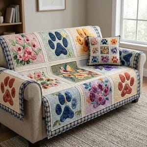 Floral Paw Print Sofa Cover Print On Demand, Dog Couch Protector, Patchwork Quilt Sofa Throw, Farmhouse Pet Friendly Slipcover