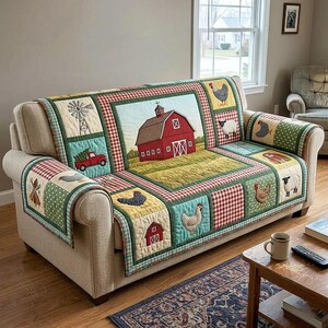 Farmhouse Sofa Cover Print, Rustic Barn Couch Protector, Country Farm Animal Sofa Throw, Chicken Patchwork Couch Cover