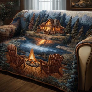 May include: A sofa cover featuring a scenic cabin and lake design. The cover depicts a cozy cabin with lit windows, a campfire, and two wooden chairs. The color palette includes blues, greens, and browns, creating a warm and inviting atmosphere.