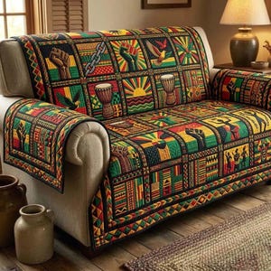 African Print Sofa Cover, Black Culture Couch Cover, Afrocentric Quilt Style Slipcover, Kente Pattern Couch Protector, Ethnic Home Decor