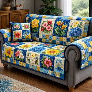 May include: A sofa cover and cushion set with a floral patchwork design. The cover is patterned with blue, yellow, and white squares, each displaying a different flower, such as sunflowers and roses. The set is designed to fit a sofa.