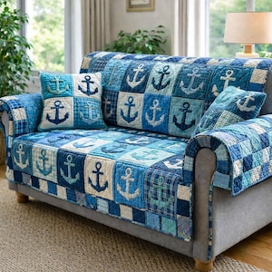 Nautical Anchor Quilted Sofa Cover, Coastal Patchwork Couch Throw, Printed Sofa Protector, Marine Home Decor Gift