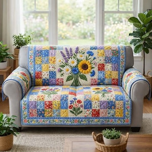 Op de afbeelding: Een patchwork bankhoes met geborduurde bloemen. De hoes heeft een mix van kleurrijke vierkanten en een bloemenrand. Het geborduurde boeket bevat zonnebloemen, madeliefjes en lavendel.