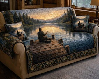 Funda de sofá con estampado de lago de pesca, funda de sofá con paisaje natural, funda para sofá estilo cabaña, protector de sofá con estampado artístico de pescador, sala de estar rústica