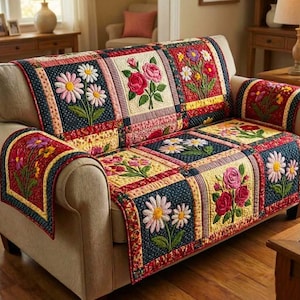May include: A floral quilted sofa cover with embroidered daisies, roses, and other flowers. The cover features a patchwork design with a navy blue, red, yellow, and cream color scheme. The cover is draped over a beige sofa.